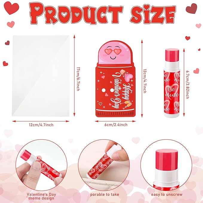 48 Pcs Valentine's Day Cherry Flavored Moisturizing Lip Balm Gloss Lipstick with 48 Pcs Valentine's Day Card Bulk Party Supplies Lip Care Gift Men Women and Children, 12 Styles-Velvo Beauty