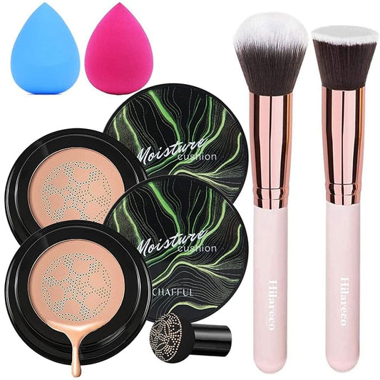 2 PCS Mushroom Head Air Cushion CC Cream Nature Foundation,Foundation Brush Powder Brush,Moisturizing Concealer, Bright Makeup Base Long Lasting with Mushroom Makeup Sponge(#05 Sand)-Velvo Beauty