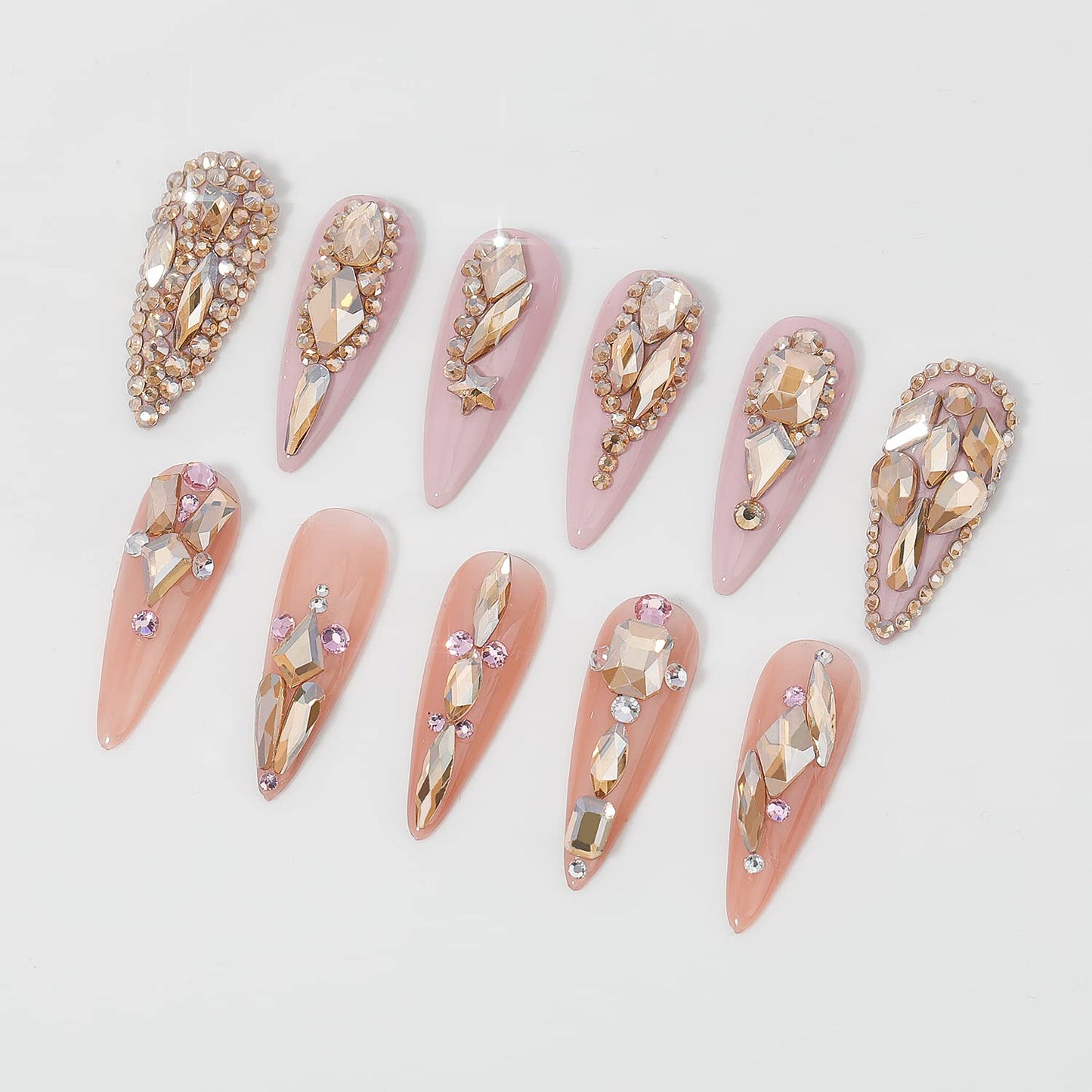 HNUIX Nail Rhinestones - 3D Multi Shape Size Crystal, Champagne Gold Nail Gems, Flat Back, with Kit, for Nail Art, DIY Decorations-Velvo Beauty