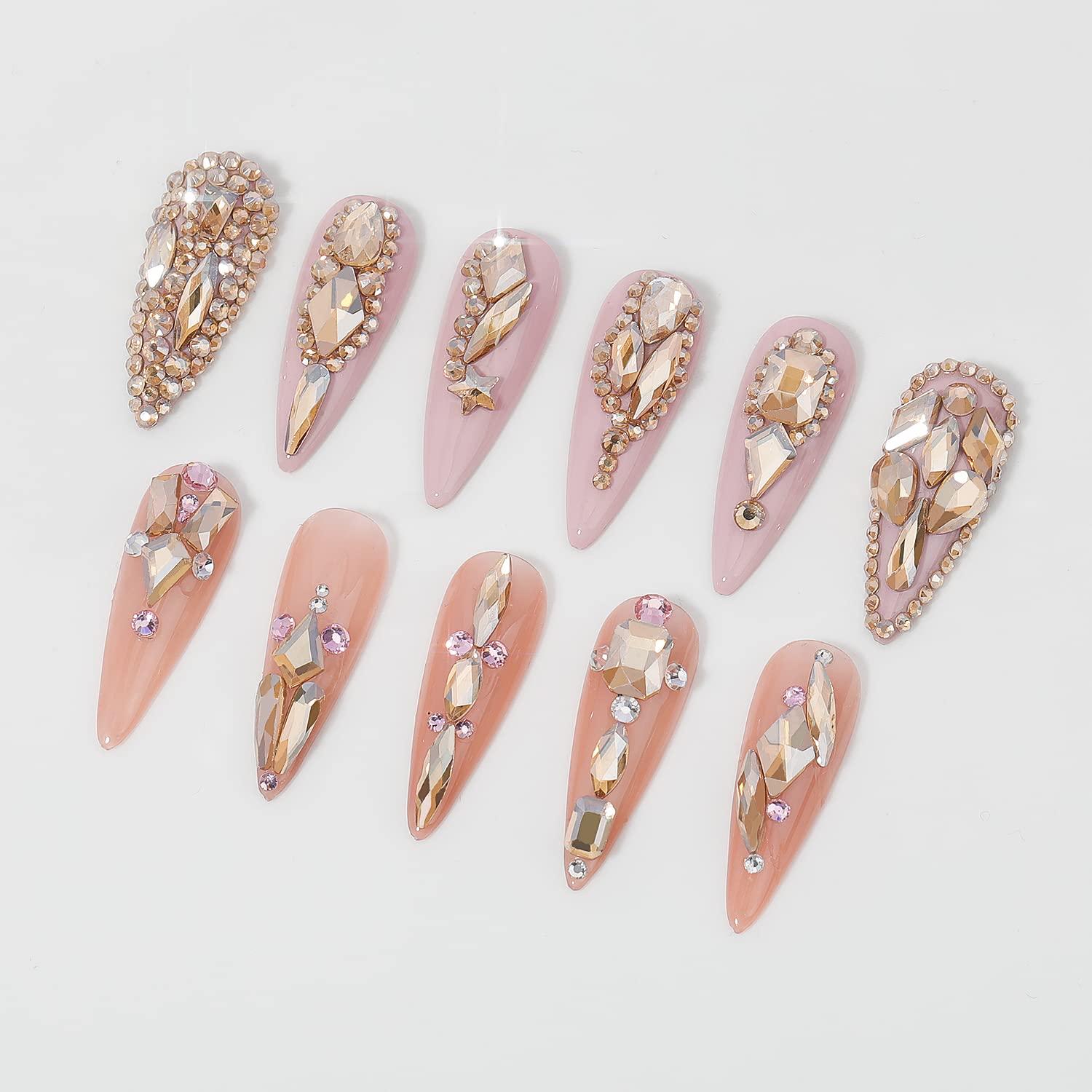 HNUIX Nail Rhinestones - 3D Multi Shape Size Crystal, Champagne Gold Nail Gems, Flat Back, with Kit, for Nail Art, DIY Decorations-Velvo Beauty