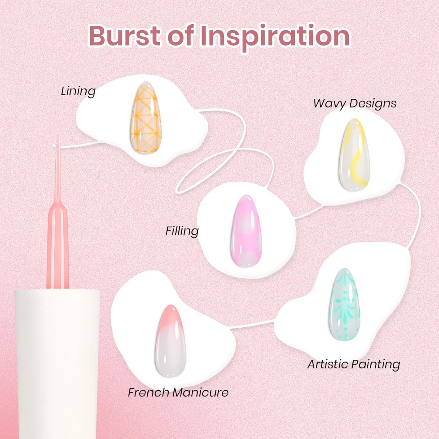 Beetles Gel Liner Nail Art Polish Set Pastel Gel Nail White Gold Red Glitter Neon French Tip Nails Polish Paint Swirl Built Thin Brush in Bottle Soak off Uv Lamp Nails Art Kit Gifts for Women-Velvo Beauty