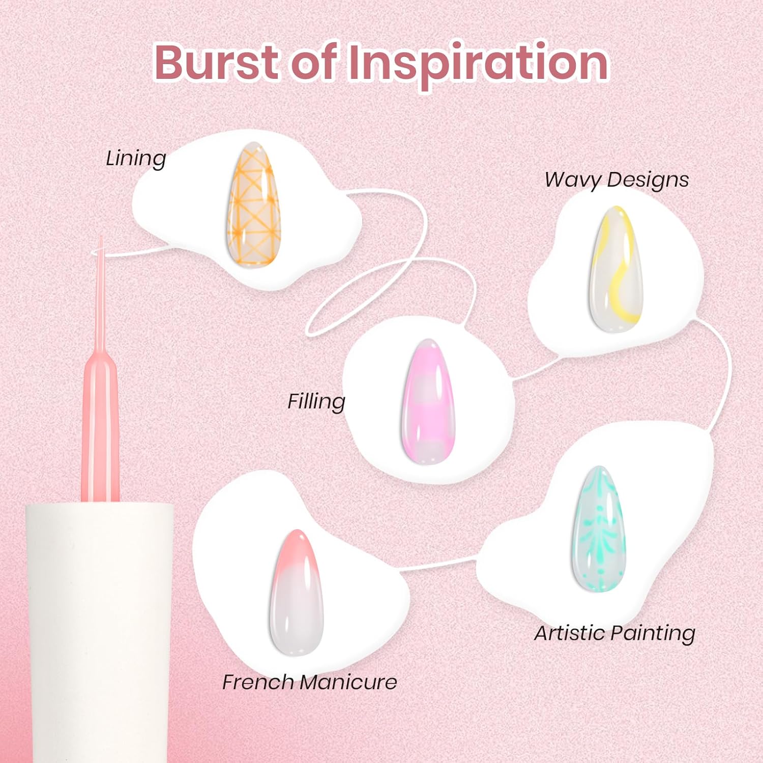 Beetles Gel Liner Nail Art Polish Set Pastel Gel Nail White Gold Red Glitter Neon French Tip Nails Polish Paint Swirl Built Thin Brush in Bottle Soak off Uv Lamp Nails Art Kit Gifts for Women-Velvo Beauty