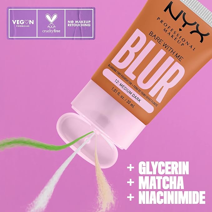 NYX PROFESSIONAL MAKEUP Bare With Me Blur Skin Tint Foundation Make Up with Matcha, Glycerin & Niacinamide - Medium Dark-Velvo Beauty