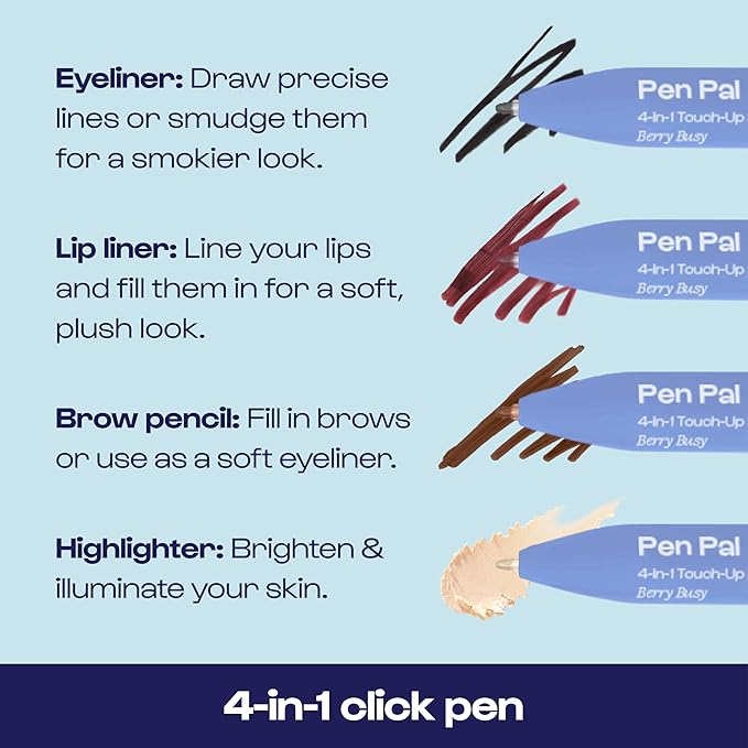 Alleyoop Pen Pal Touch-Up 4-in-1 Makeup Pen, Berry Busy (Medium - Deep) - Travel Make Up Set with Eyeliner, Brow Pencil, Highlighter & Lip Liner - High-Pigment Formula, Easy & Smooth Application-Velvo Beauty