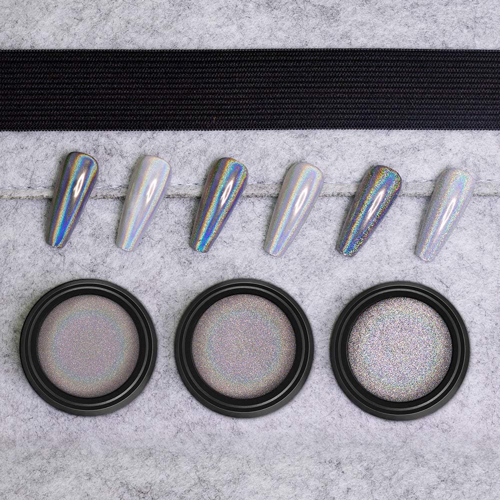 Artdone 3jars Holographic Chrome Nail Powder 1Gram Each, Unicorn Holo Rainbow Mirror Effect 20um 35um 65um Nail Pigment kit For Gel Polish Nail Art crome Set-Velvo Beauty