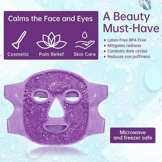 Ice Face Mask Reusable and Cold Gel Eye Mask for Puffiness/Dark Circles/Eye Bags/Dry Eyes/Headaches/Migraines/Stress Relief, Ice Pack for Eyes & Face (Purple)-Velvo Beauty