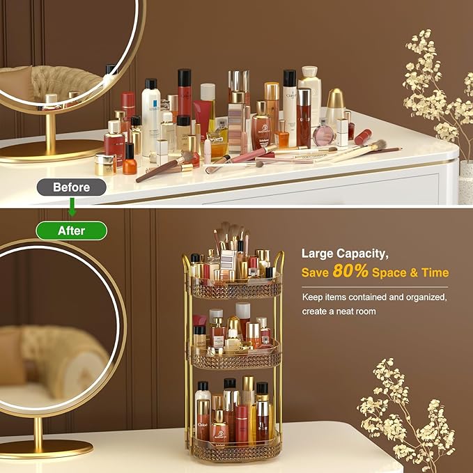 Awenia Rotating Makeup Organizer 360, Stackable Adjustable Large Capacity Cosmetic Storage Unit,Dresser Bathroom Kitchen Countertop Organizer with Metal Handle, Plus Size (Honorable Gold, 3 Tier)-Velvo Beauty