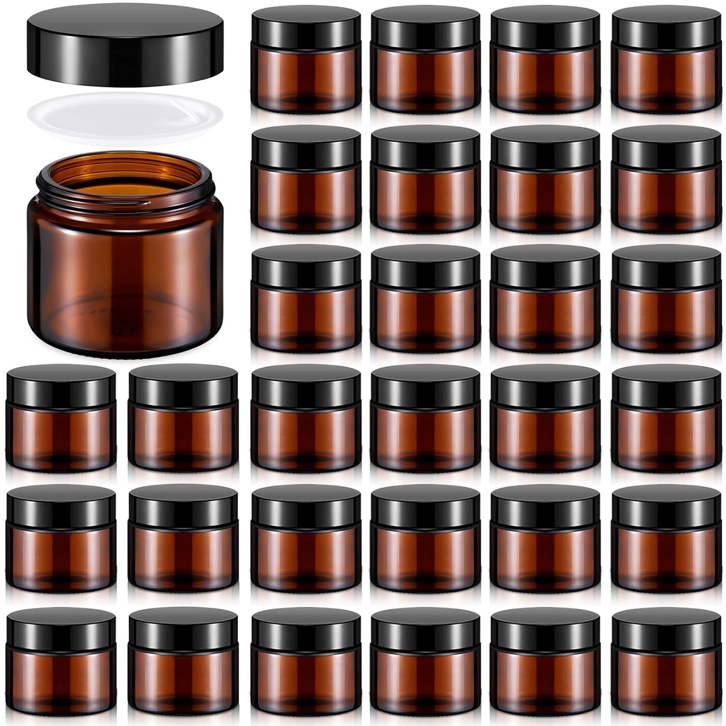 Domensi 32 Pcs 2 oz Glass Jars with Lids Travel Size Round Leakproof Empty Cosmetic Jars with Inner Liners Lid for Storing Makeup Lotions Face Cream Ointments Candle DIY Making (Amber)-Velvo Beauty