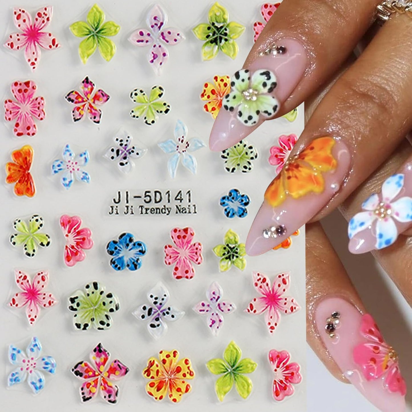Colorful Flower Nails Art Stickers 5D Self-Adhesive Embossed Nails Stickers Hibiscus Flower Design Tropical Floral Nails Decal Supplies Women DIY Nail Art Decoration 3 Sheets-Velvo Beauty