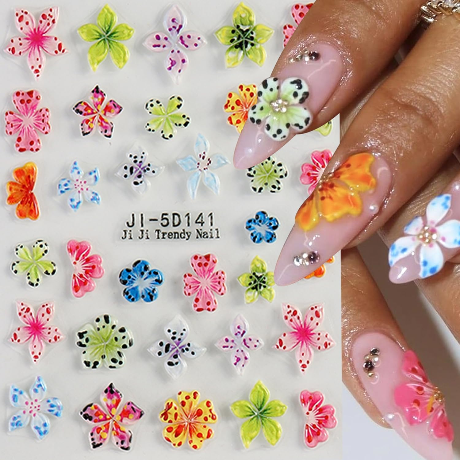 Colorful Flower Nails Art Stickers 5D Self-Adhesive Embossed Nails Stickers Hibiscus Flower Design Tropical Floral Nails Decal Supplies Women DIY Nail Art Decoration 3 Sheets-Velvo Beauty