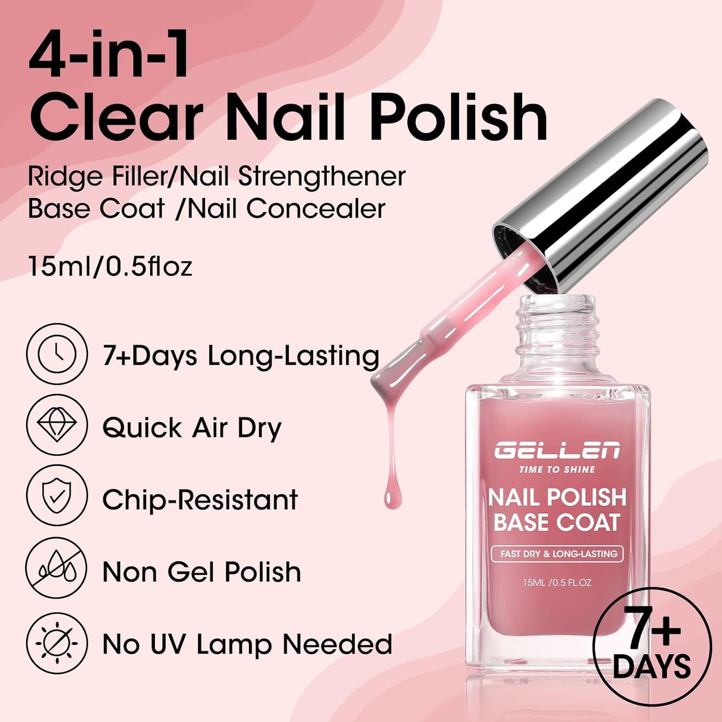 GELLEN 4-In-1 Clear Nail Polish Base Coat Dusty Pink Tint, Sheer Rose Ridge Filler For Nails, Nail Strengthener Concealer, Calcium Formula Smoothes Strengthens Nails, Enhances Natural Look, HEMA Free-Velvo Beauty