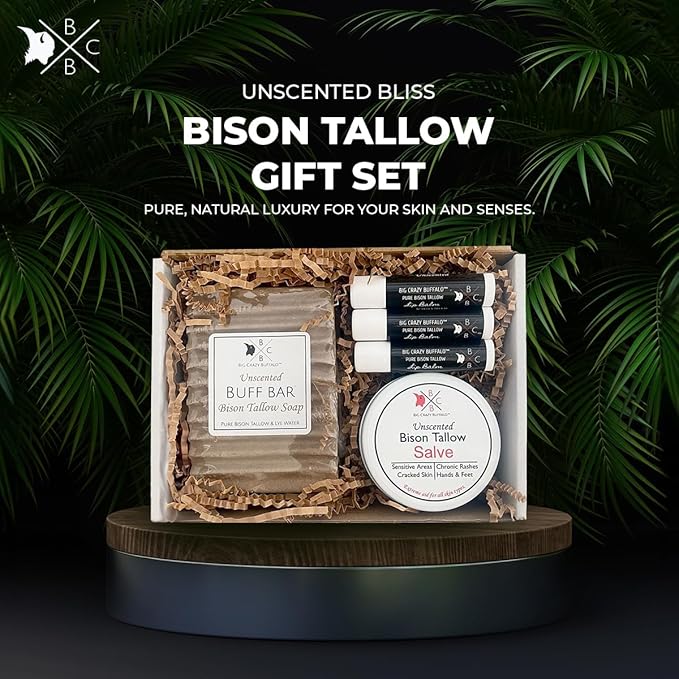 Pure Bison Tallow Unscented Gift Set - Buff Bar, Salve, & 3 Unscented Lip Balms - Cleans, Moisturizes, Soothes, Naturally Derived - No Dyes, Chemicals, Fragrances, or Preservatives-Velvo Beauty