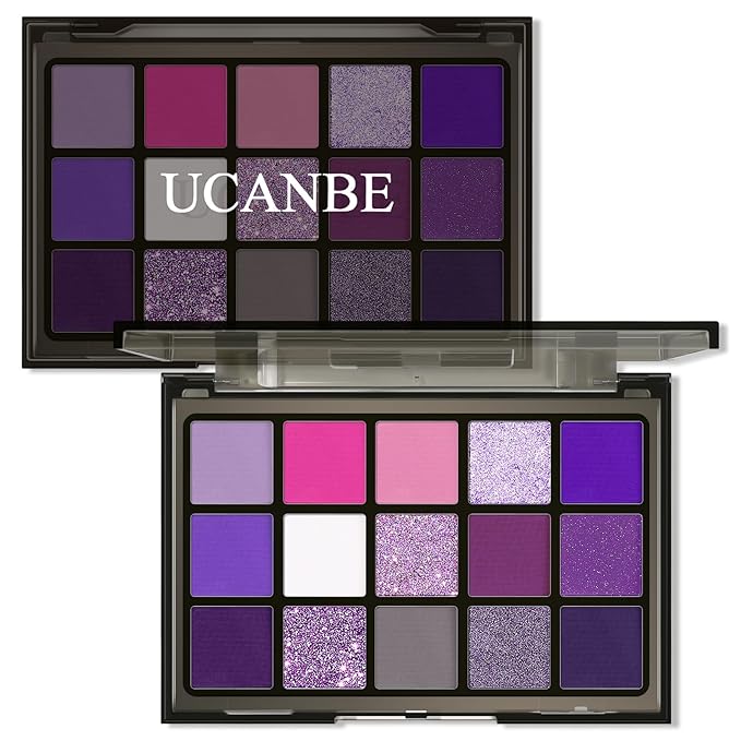 UCANBE Purple Eyeshadow Makeup Palette, 15 Colors Dark Smokey Shimmer Matte Metallic Glitter Eye Shadow Pallet, Violet Lavender Pink Make Up Kit for Cosplay Halloween Ursula Witch Costume Parties-Velvo Beauty