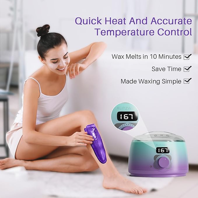 BLITZWAX Brazilian and Bikini Waxing Kit for Women, Hard Wax Warmer for Face, Legs, and Body, At Home Hair Removal Kit, Beginner Friendly, Quick Heating, 32pcs Wax Spatulas-Velvo Beauty