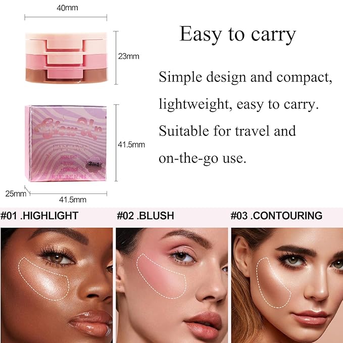 3-in-1 Blendable Trio, Contour and Highlight Blush Makeup Palette, Cream Bronzer, Silky Smooth Powder Blush, Shimmer Highlighter Makeup Powder, Pink Brown Eyeshadow Palette with Mirror(01)-Velvo Beauty