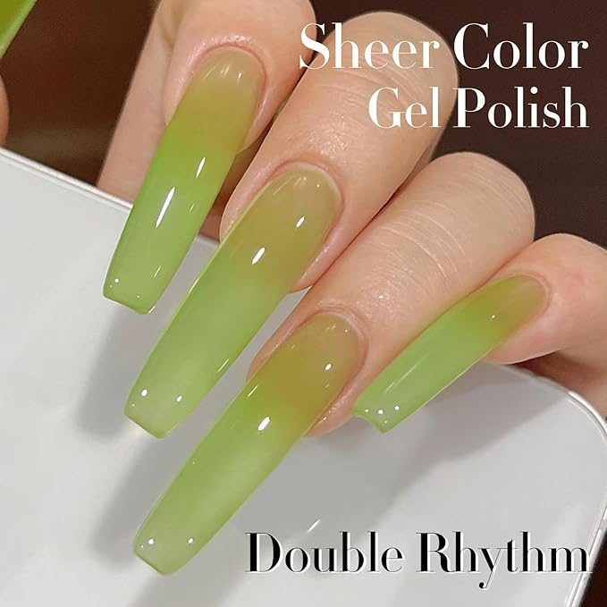 Double Rhythm Translucent Gel Polish Sheer Neutral Natural Light Milky Same Color Same Bottle 15ML Jelly Nail Polish Nail Art DIY at Home (Green-A1408)-Velvo Beauty