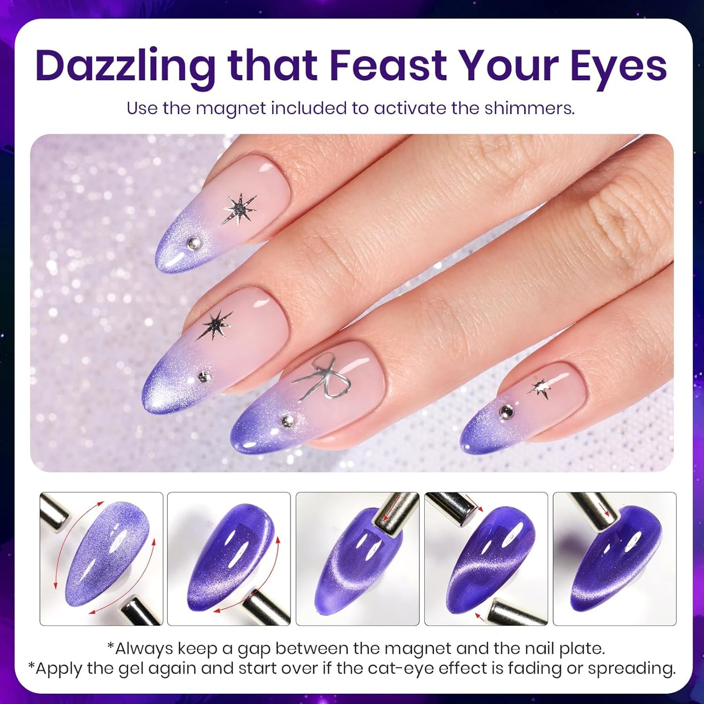 Beetles Cat Eye Gel Nail Polish, 15ML Purple Cat Eye Holographic Glitter Gel Polish with Magnet Soak Off UV Shimmer Velvet Gel Celestial Veil Series French Nail Art Design Manicure Gifts for Women-Velvo Beauty