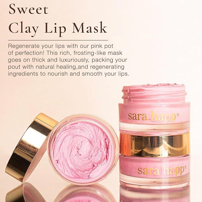 sara happ Sweet Clay Mask + Vanilla Bean Sugar Scrub Lip Duo, Exfoliating and Moisturizing Lip Treatments for Dry and Flaky Lips, Vegan (0.47 ounce and 0.5 ounce jars)-Velvo Beauty