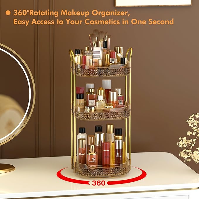 Awenia Rotating Makeup Organizer 360, Stackable Adjustable Large Capacity Cosmetic Storage Unit,Dresser Bathroom Kitchen Countertop Organizer with Metal Handle, Plus Size (Honorable Gold, 3 Tier)-Velvo Beauty