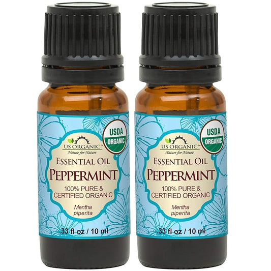 US Organic 100% Pure Peppermint Essential Oil - USDA Certified Organic - 10 ml Pack of 2 - w/Improved caps and droppers (More Size Variations Available)-Velvo Beauty