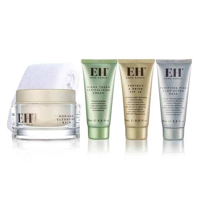 Emma Hardie Cleanse, Hydrate & Protect Gift Set: 30ml Moringa Cleansing Balm, 30ml Midas Touch Revitalising Cream & 15ml Protect & Prime SPF30 Sunscreen Face Moisturiser, Natural & Cruelty Free-Velvo Beauty