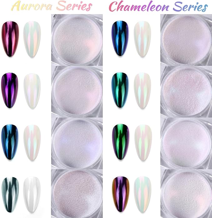 Laza Chameleon Pearl Chrome Nail Powder, 8 Colors Glazed Donut Metallic Mirror Effect Pigment, Iridescent Aurora Nail Glitter Holographic Dust Kit for Gel Nail Art Decoration, Gifts – Gorgeous Mermaid-Velvo Beauty