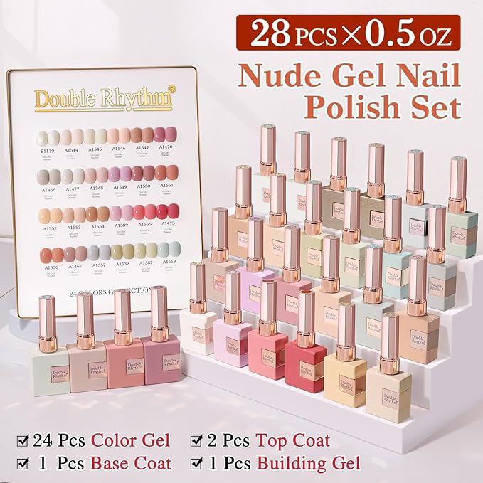 Double Rhythm 28Pcs 0.5Oz Gel Nail Polish Set Same Color Same Bottle Soak Off Gel Polish Kit Nail Art Manicure Salon DIY at Home for Women (Nude Pink Collection-T24-3)-Velvo Beauty