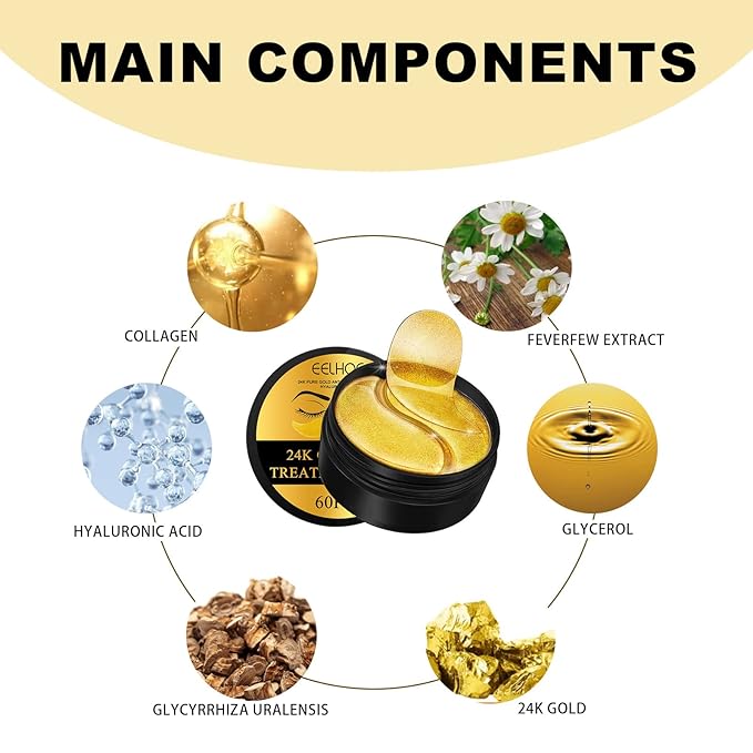 24k Gold Under Eye Patches, 60 Pcs Eye Gels, Anti-Aging Collagen Hyaluronic Acid Under Eye Mask, Under Eye Mask for Dark Circles and Puffiness, Eye Bags, Wrinkles-Velvo Beauty