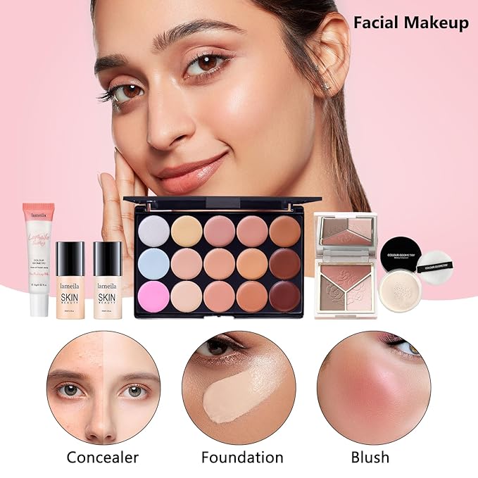 All in One Makeup Kit for Women Full Kit, Make Up Gift Set for Women, Makeup Essential Bundle Includes Foundation Face Primer Eyeshadow Contour Palette Lipstick Eyeliner Mascara Cosmetic Brush Set-Velvo Beauty