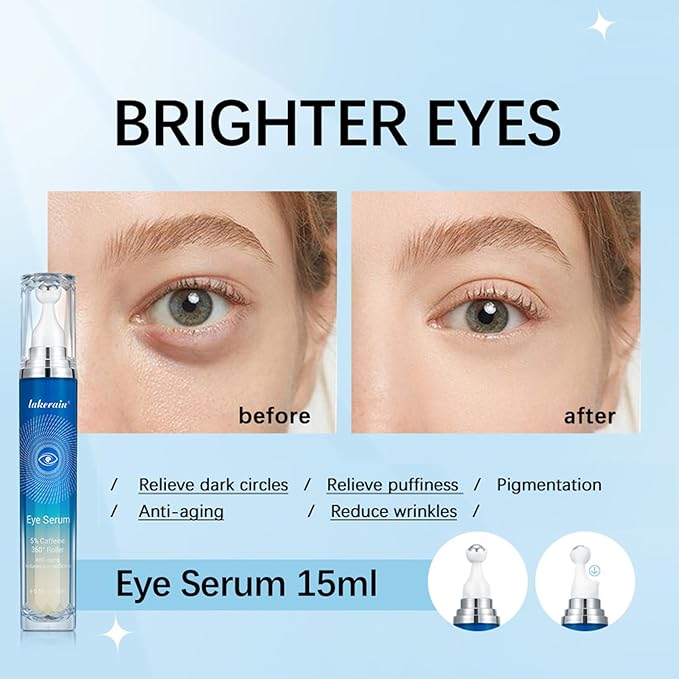 5% Caffeine Eye Serum with 360° Eye Massage Roller Eye Serum for Dark Circles & Relieve Puffiness, Reduce Wrinkles and Fine Lines, Eye Bags, Tighten Lifting Brightening Under Eye Cream-0.5 OZ-Velvo Beauty