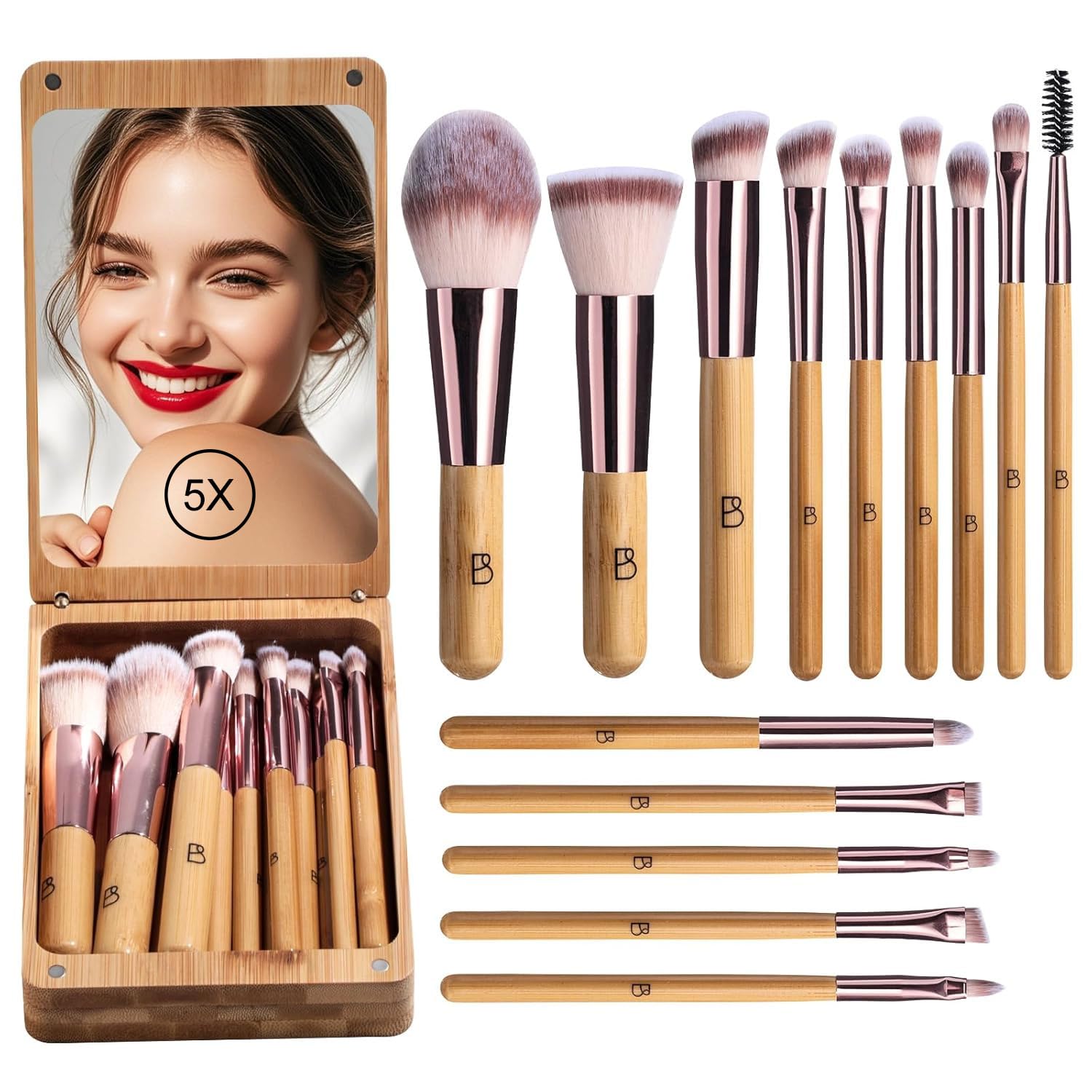 BS-MALL Travel Makeup Brush Set Kabuki Brushes Bamboo- Includes Eyeshadow Blush Brush & Foundation Brush For Liquid Makeup - 5X Magnifier Bamboo Mirror Case For Travel or On the Car Daily Use-Velvo Beauty