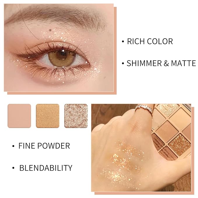 Erinde 9 Colors Eyeshadow Palette, Matte Shimmer Glitter Eye Shadow Makeup Palette, Highly Pigmented Long Lasting Waterproof, Natural Neutral Nude Eyeshadow Makeup Pallet, Oat Milk Tea-Velvo Beauty