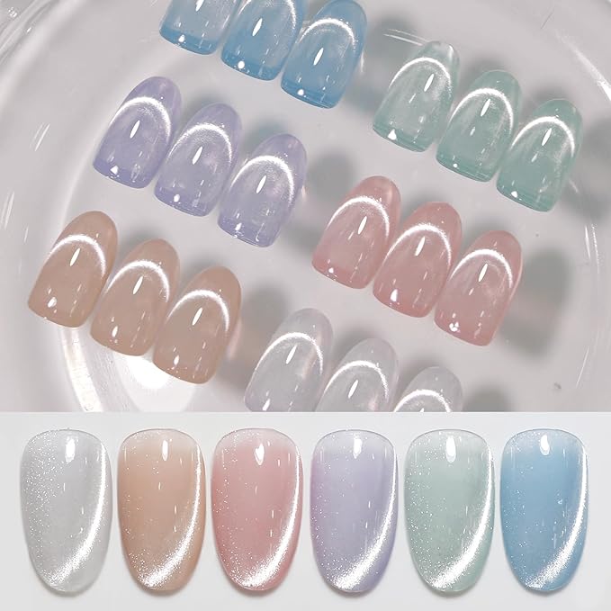 Born Pretty Cat Magnetic Eye Gel Nail Polish, Pastel Milky Jelly Cat Magnetic Gel Pastel Blue Green Purple Pink Nude Silver Nail Art Gel Manicure Salon DIY Gifts 7ML 6PCS-Velvo Beauty