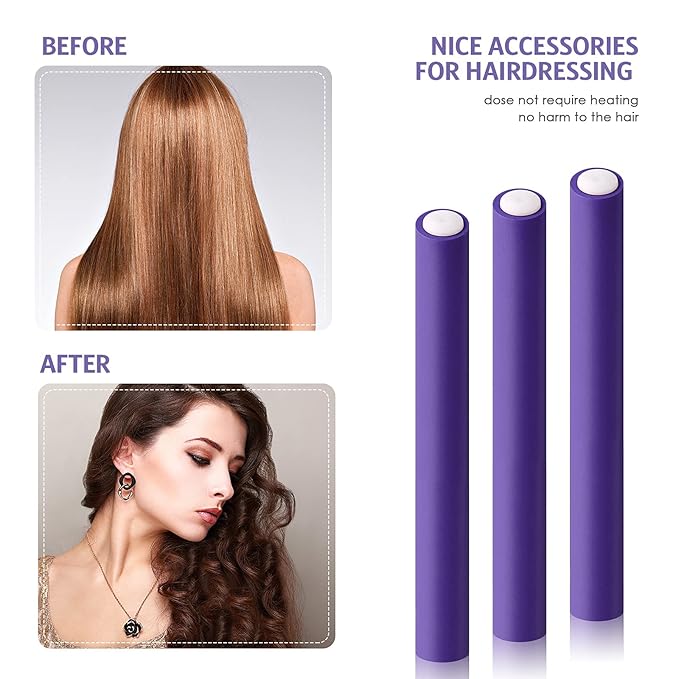Syhood 30 Pieces Flexible Curling Rods Twist Hair Rollers Soft Foam Rods No Heat and 1 Pcs Steel Rat Tail Comb for Women Long and Short Hair(7 x 0.8 Inch,Purple)-Velvo Beauty