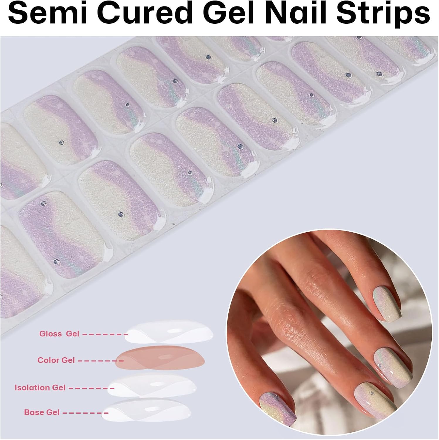 Semi Cured Gel Nail Strips with Purple and white Glitter Designs Gel nail stickers Glossy Nail strips Salon Quality & Easy to Use 20 Pcs for Women-Velvo Beauty