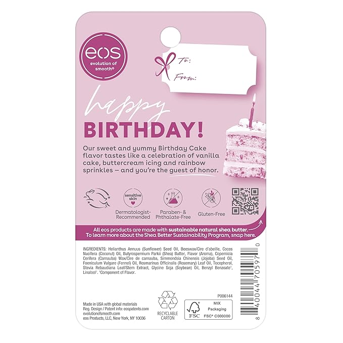eos Natural Shea Lip Balm- Birthday Cake, All-Day Moisture Lip Care Products, 0.25 oz-Velvo Beauty