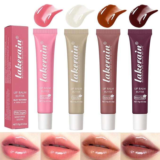 4 Color Glossy Lip Butter Balm, Moisturizing Lip Gloss Butter Non Sticky High Shiny Finish Lip Glow Oil, Natural Plumping Lip Tint Lip Care & Repair Lip Mask for Soft & Smooth & Protect Dry Lip-Velvo Beauty