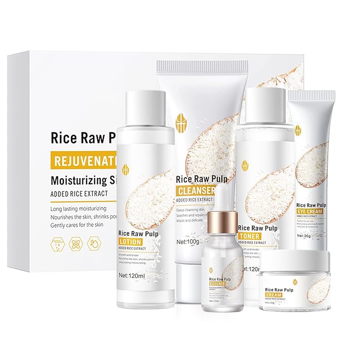 Rice Deep Nourishing Facial Care Set, 6Pcs Face Care Set for Women, Skin Care Set Includes Facial Cleanser, Toner, Lotion, Essence, Cream and Eye Cream.-Velvo Beauty