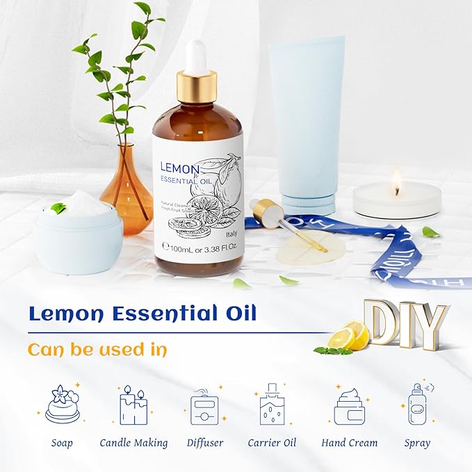 HIQILI Lemon Essential Oil, Household Cleaning, Air Purification, Skin Care, Can be Added to Cleansers, Sprays, Body Lotions Use - 3.38 Fl Oz/100ML-Velvo Beauty