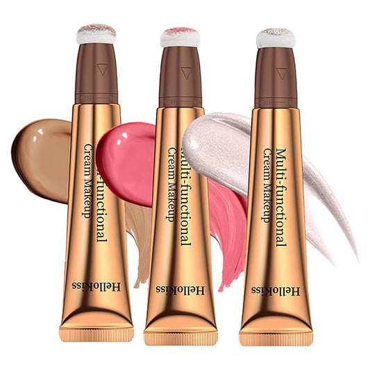 3pcs Contour Beauty Wand, Blush Wand and Liquid Highlighter Wand with Cushion Applicator, Long Lasting Silky Smooth Blendable Contour Highlighter Blush Stick,Cruelty Free,Contour +Blush +Highlighter Set（#01+#03+#05）-Velvo Beauty