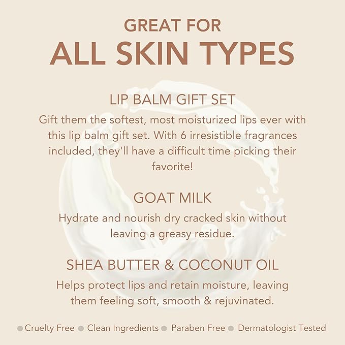 Dionis Goat Milk Lip Balm Deluxe Gift Box Set of 6 Vanilla, Coconut, Milk & Honey, Berry, Peppermint & Blood Orange Scented Chapstick - Shea Butter & Coconut Oil Gifts For Her, Protect & Restore Lips-Velvo Beauty