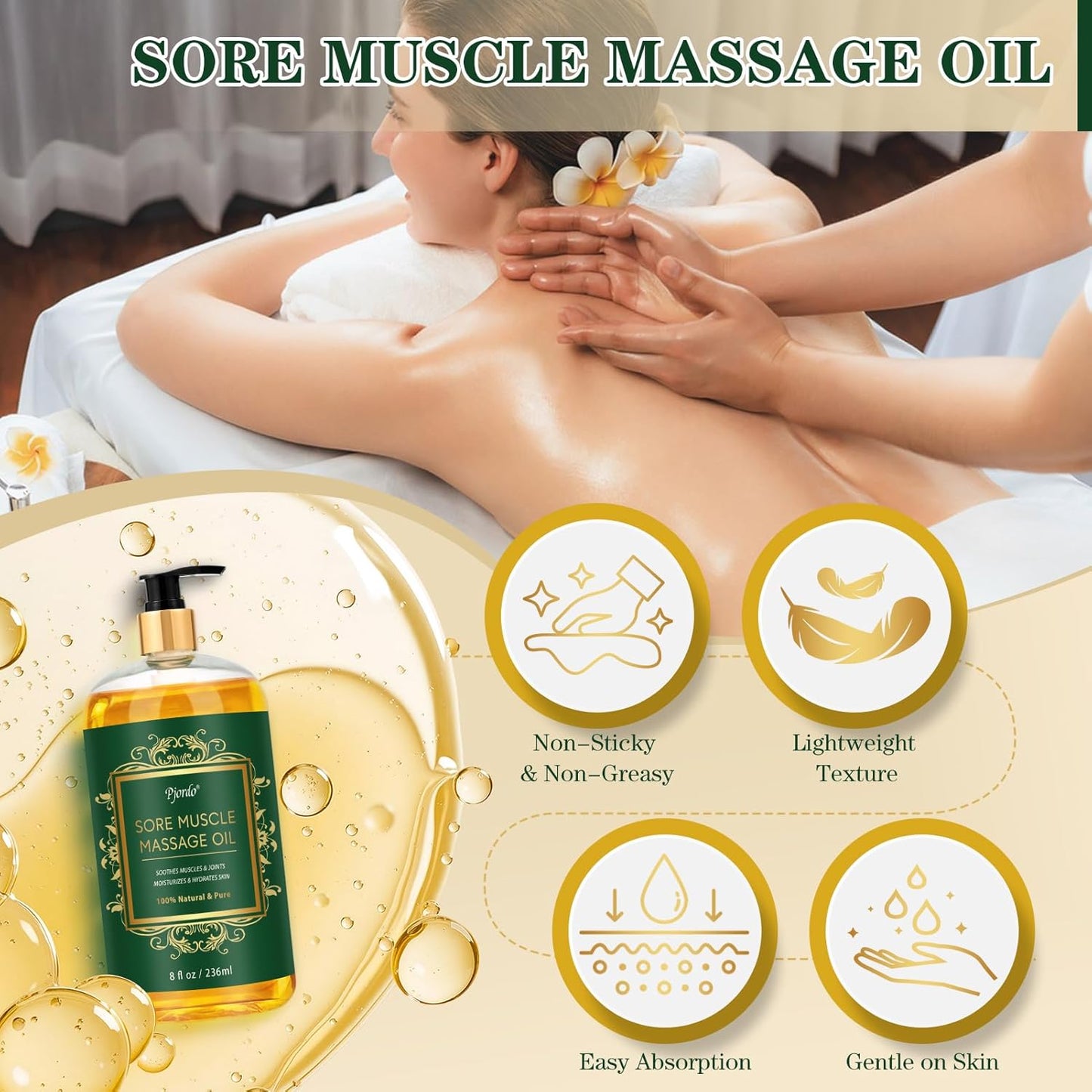 Sore Muscle Massage Oil for Massage Therapy, 8 FL OZ Natural Body Massage Oil with Lavender Oil, Arnica & Chamomile Extract, Soothes Muscle and Joint for Professional & Home Use-Velvo Beauty
