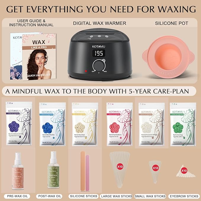 KOTAMU Waxing Kit-Professional Wax Warmer for Women& Men Hair Removal,Black Waxing Machine With Silicone Pot, Sensitive Skin Friendly Body Wax Kit Ideal for Face Bikin Brazilian Leg Home Salon-Velvo Beauty