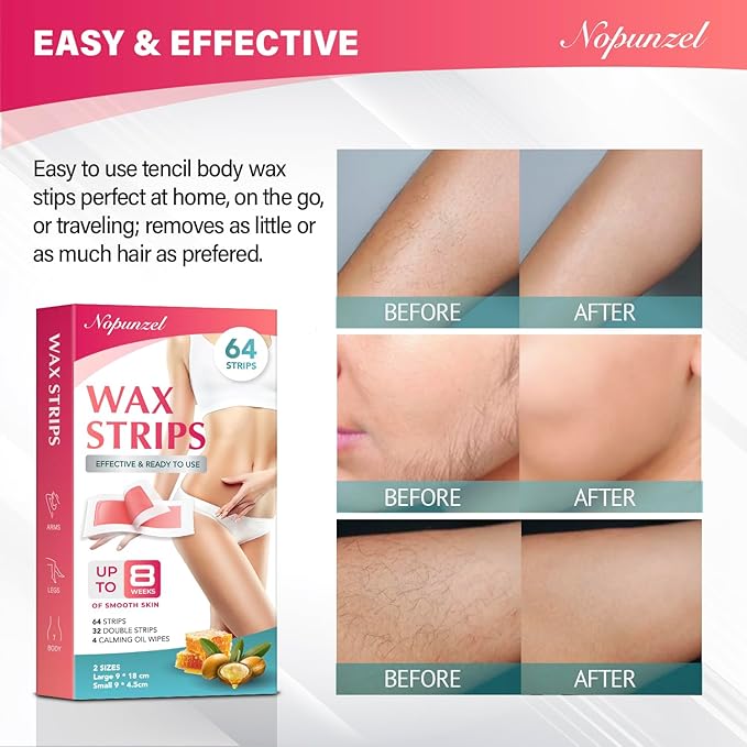 Wax Strips: 64 Waxing Strips - Hair Removal Wax - Brazilian Waxing - Waxing Kit for Women - Body Legs Arms Chest Bikini Back - Wax Kit At Home for Hair Removal - 2 sizes - 4 Calming Oil Wipes-Velvo Beauty