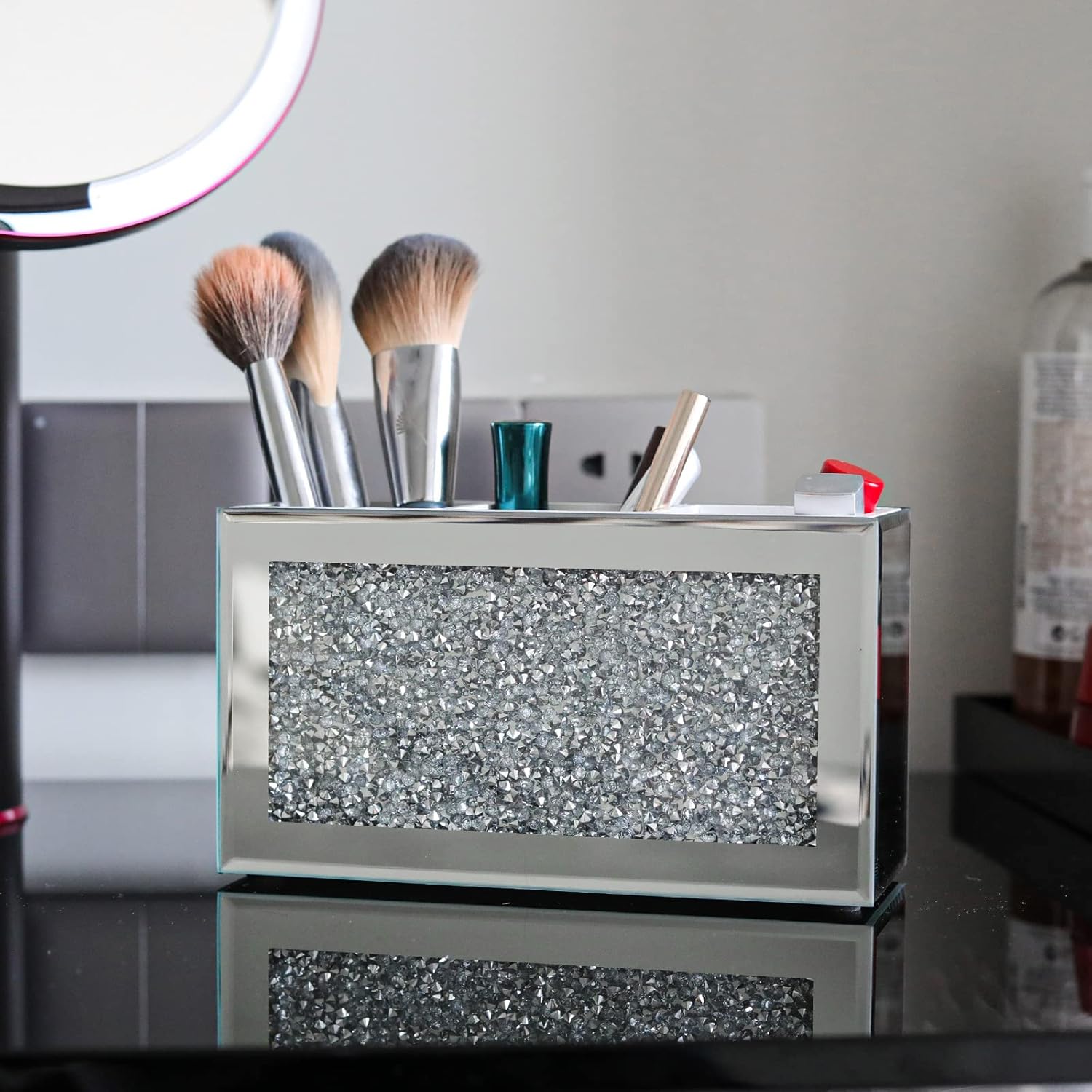 SWTHONY Silver Makeup Brush Holder Organizer, Bling 3 Slot Crushed Diamond Crystal Mirrored Cosmetic Brushes Storage, Eyeliners Eyebrow Pencil Display Case-Velvo Beauty
