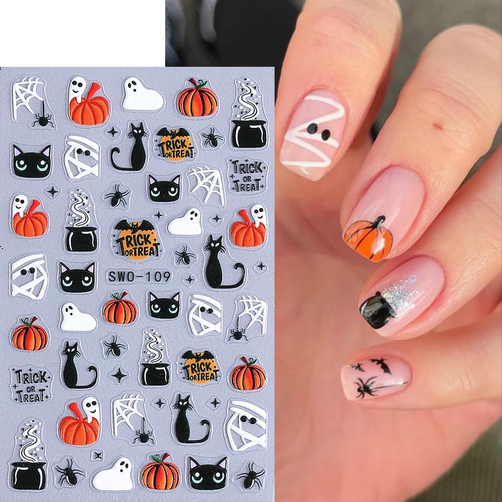 4 Sheets Halloween Nail Stickers for Nail Art Scary Black Cat Mummy Spider Web Nail Art Stickers 5D Spider Pumpkin Nail Decals Self-Adhesive Ghost Skeleton Nail Supplies for Women Nails Decoration-Velvo Beauty