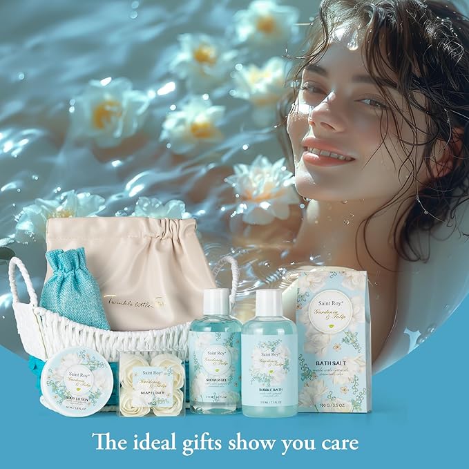 Mother's Day Gift for Mom Spa Gift Baskets for Women, Gardenia Tulip Home Spa Kit with Cosmetic Bag gift woman. Bath & Body Basket Set 8Pcs Bath and Body Gifts Set, Luxury Gift Basket-Velvo Beauty