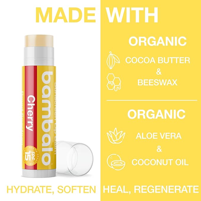 4-Pack Cherry SPF 15 Lip Balm - Organic Ingredients, Broad Spectrum UVA/UVB Protection - Hydrating & Moisturizing, USA Made-Velvo Beauty