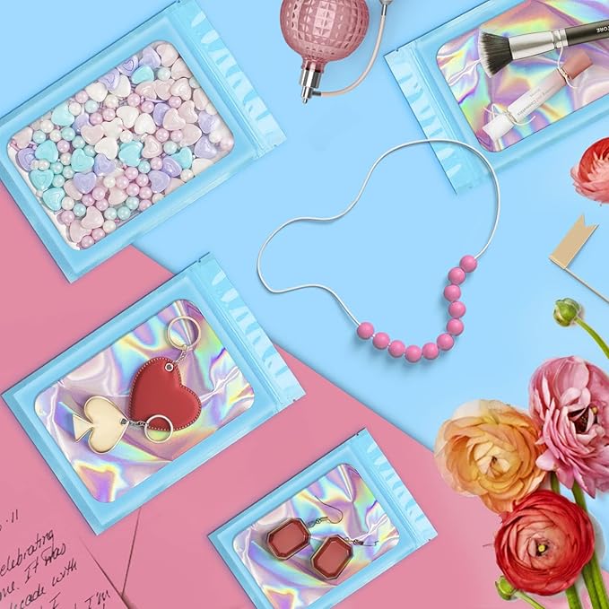 ANZNKU 100 Pcs Smell Proof Mylar Resealable Bags, Holographic Packaging Bags, Resealable Odor Foil Pouch Zip Bag with Clear Window for Food Storage and Lipgloss, Jewelry Lash (Blue, 3.9 x 7.1 Inch)-Velvo Beauty