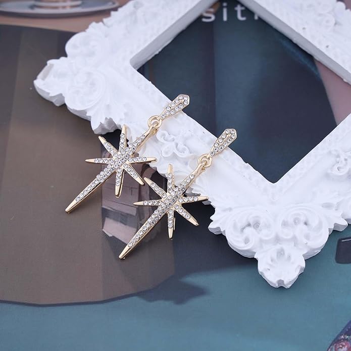 Vintage Crystal Northstar Dangle Earrings Rhinestone Northstar Studs Earrings Gold Cz Star Drop Earrings Sparkly Cz Starburst Earrings Jewelry for Women-Velvo Beauty